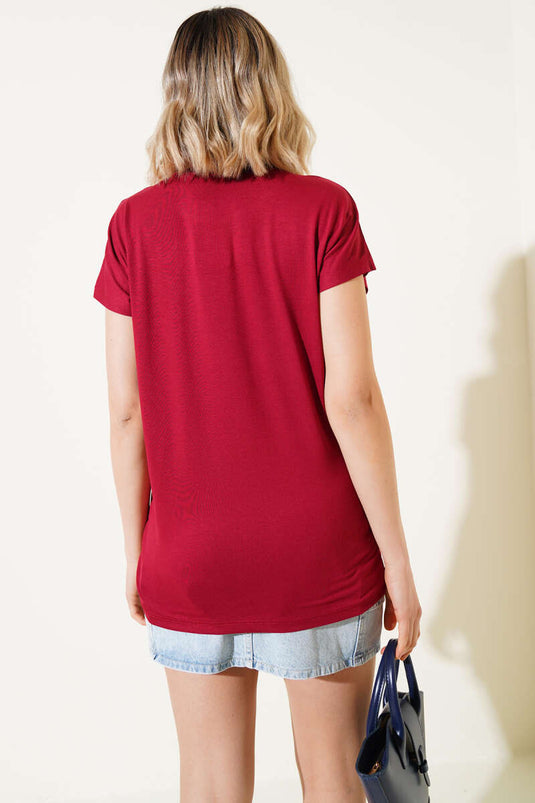 Kelebek Taşlı T-shirt Bordo