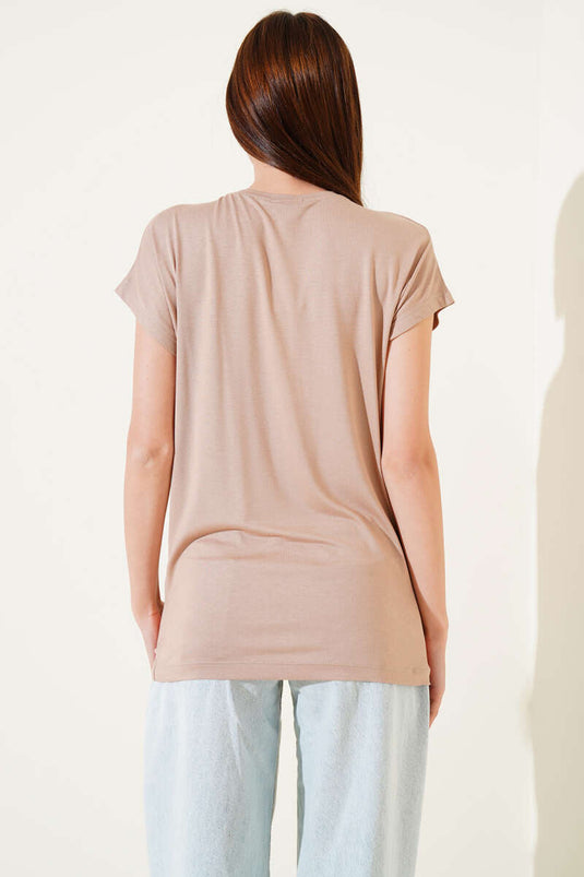 Kelebek Taşlı T-shirt Camel
