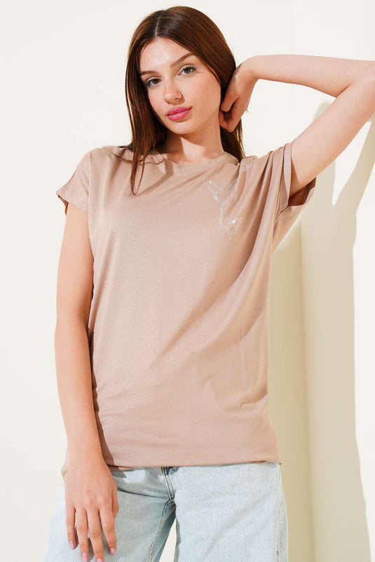 Kelebek Taşlı T-shirt Camel