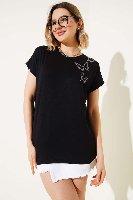 Kelebek Taşlı T-shirt Siyah