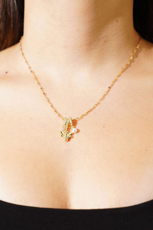 Butterfly and Pearl Detail Necklace Gold