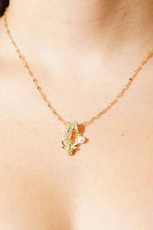 Butterfly and Pearl Detail Necklace Gold