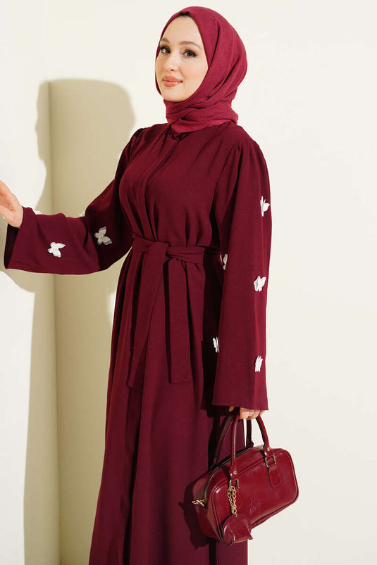 Ferace bordeaux ceinturée avec perles et papillons