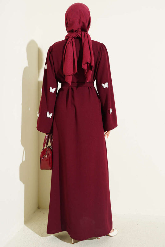 Ferace bordeaux ceinturée avec perles et papillons