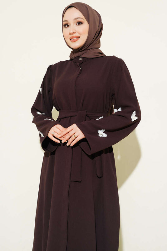 Ferace à ceinture ornée de perles et papillons, couleur café