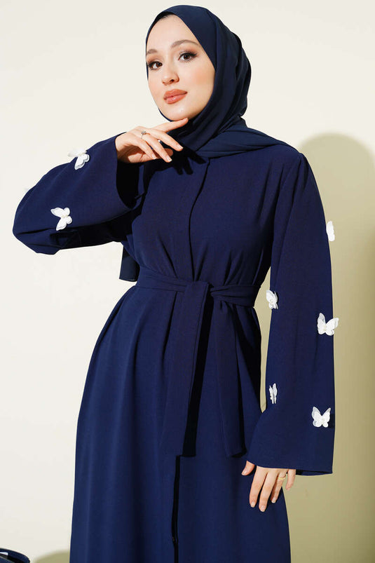 Ferace bleu marine ceinturée avec perles et papillons