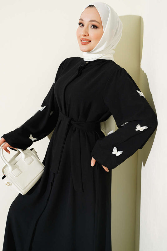 Ferace noire ceinturée avec perles et papillons