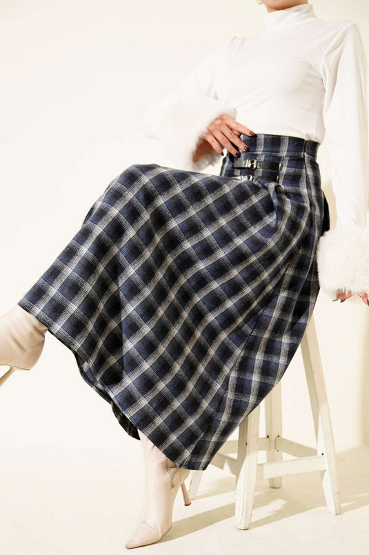 Navy Blue Plaid Skirt with Belt Accessory
