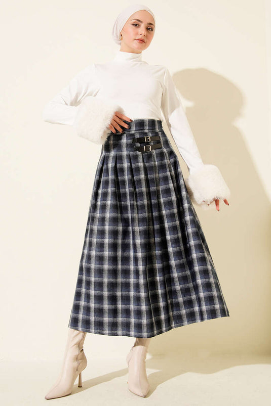 Navy Blue Plaid Skirt with Belt Accessory