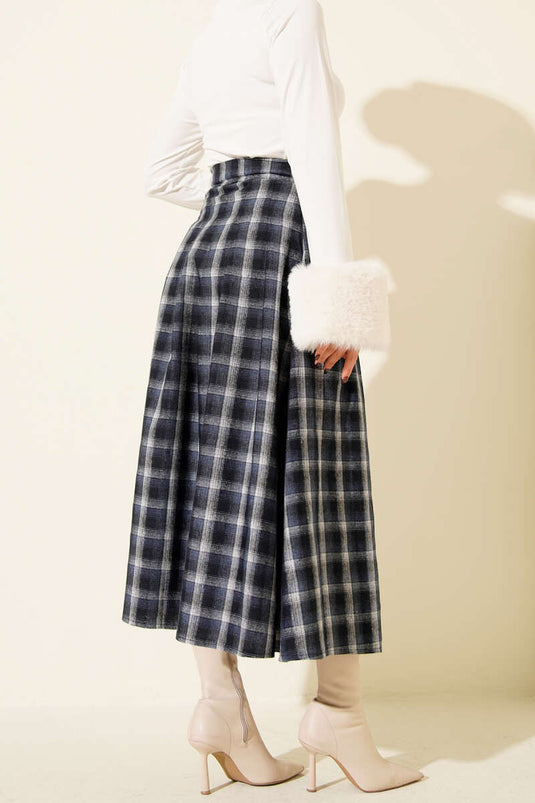 Navy Blue Plaid Skirt with Belt Accessory