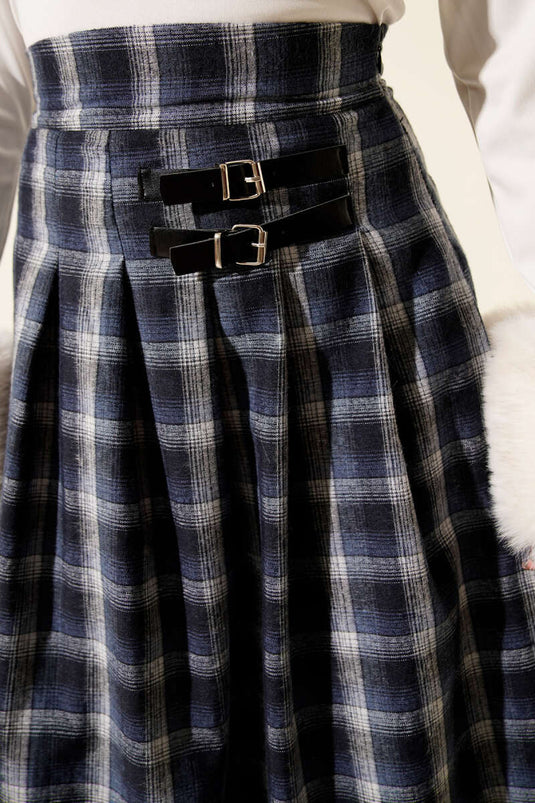 Navy Blue Plaid Skirt with Belt Accessory