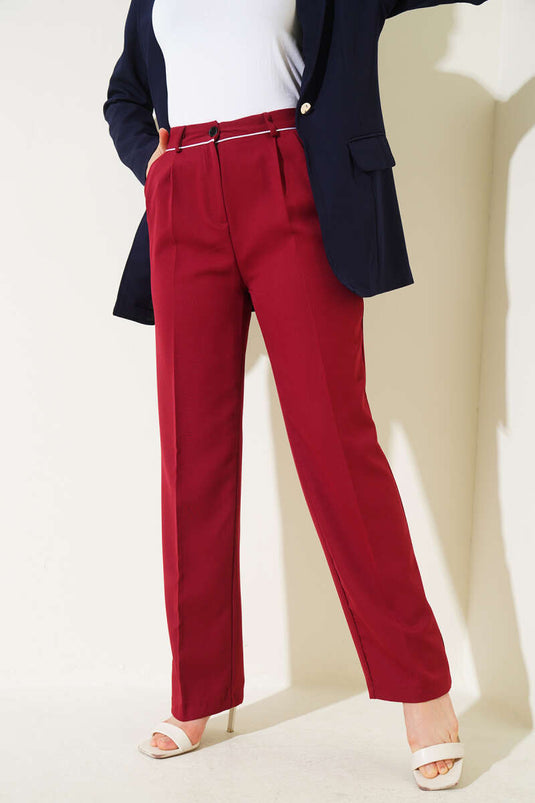Fabric Trousers with Belt Piping, Burgundy