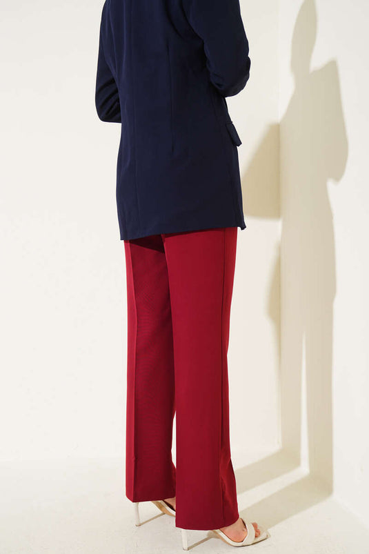 Fabric Trousers with Belt Piping, Burgundy