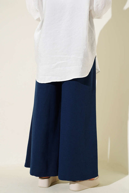 Kemer Detaylı Bol Paça Pantolon Lacivert