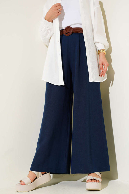 Kemer Detaylı Bol Paça Pantolon Lacivert