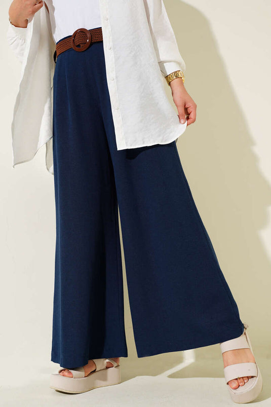 Kemer Detaylı Bol Paça Pantolon Lacivert