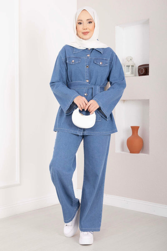 Belt-Detail Jacket and Pants Denim Set Light Blue