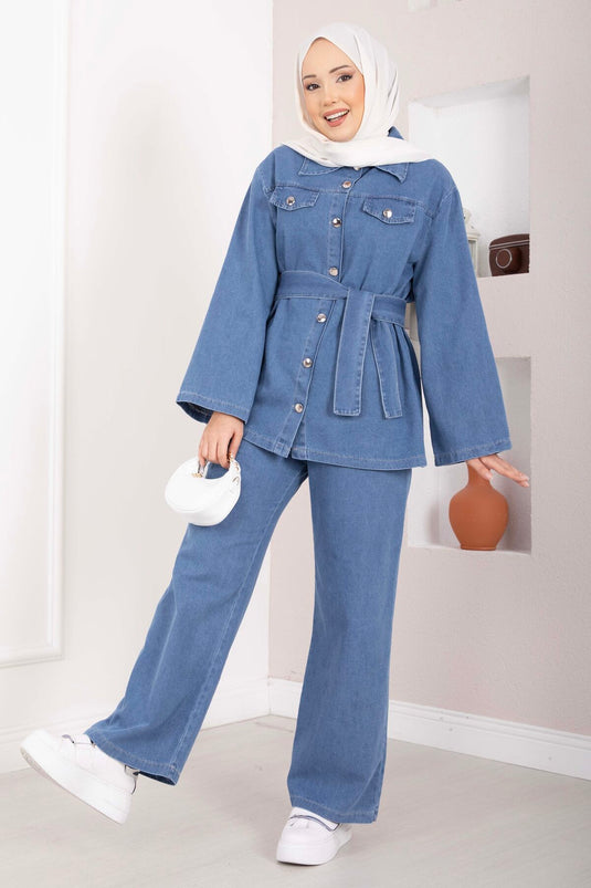 Belt-Detail Jacket and Pants Denim Set Light Blue