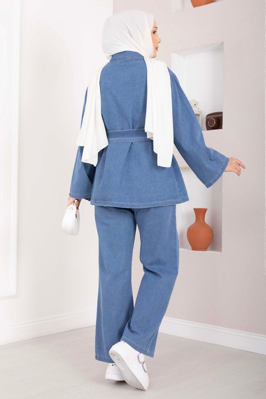Belt-Detail Jacket and Pants Denim Set Light Blue