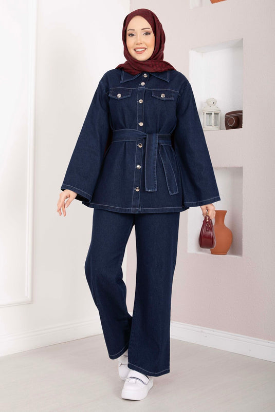 Kemer Detaylı Ceket Pantolon Kot Takım Koyu Mavi