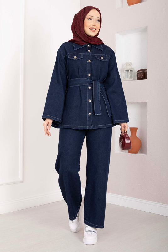 Kemer Detaylı Ceket Pantolon Kot Takım Koyu Mavi
