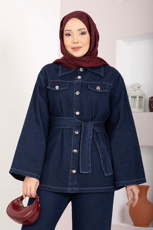 Kemer Detaylı Ceket Pantolon Kot Takım Koyu Mavi