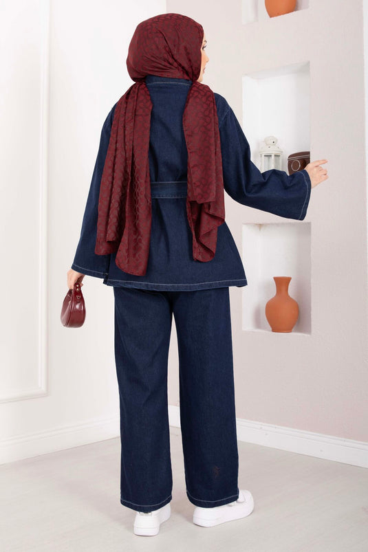 Kemer Detaylı Ceket Pantolon Kot Takım Koyu Mavi