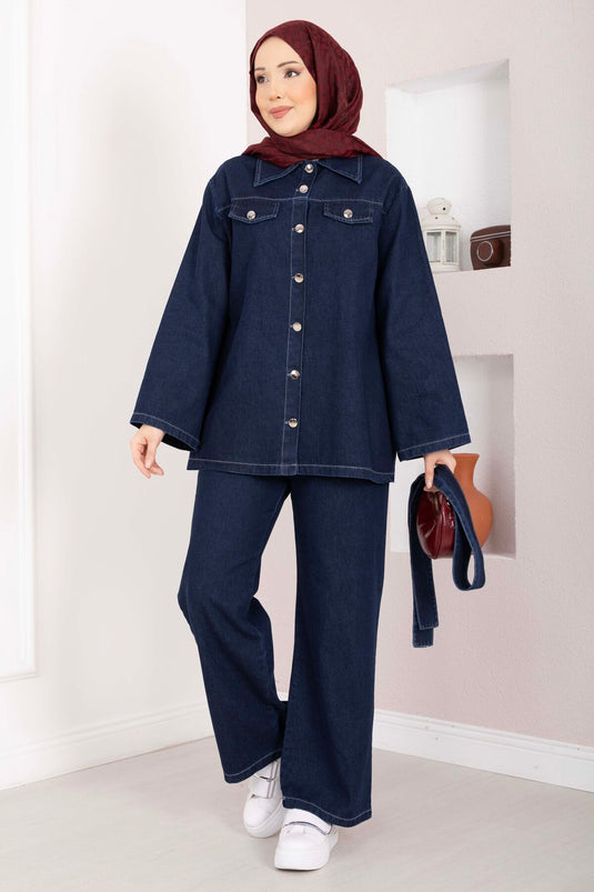 Kemer Detaylı Ceket Pantolon Kot Takım Koyu Mavi