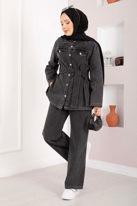 Belt-Detail Jacket and Pants Denim Set Black