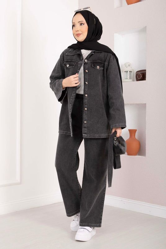 Belt-Detail Jacket and Pants Denim Set Black