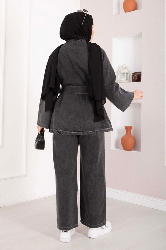 Belt-Detail Jacket and Pants Denim Set Black