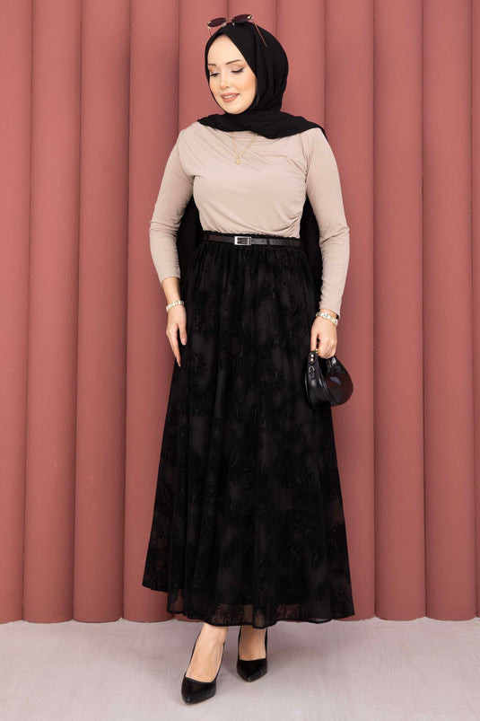 Black Patterned Tulle Skirt with Belt Detail