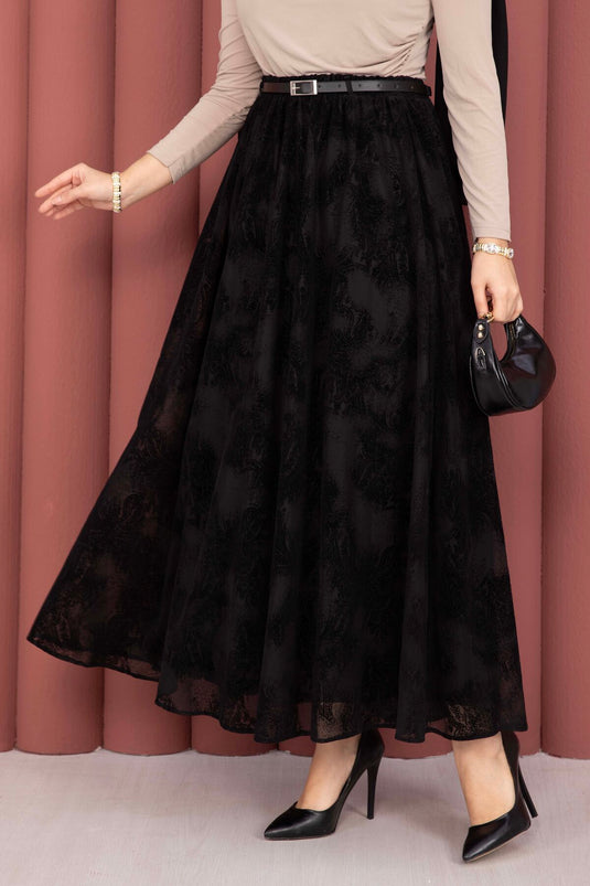 Black Patterned Tulle Skirt with Belt Detail