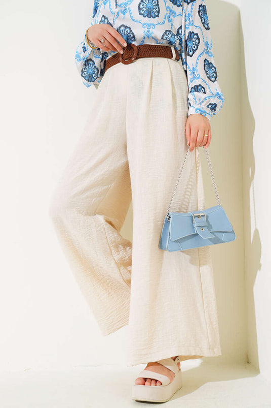 Kemer Detaylı İspanyol Paça Pantolon Bej