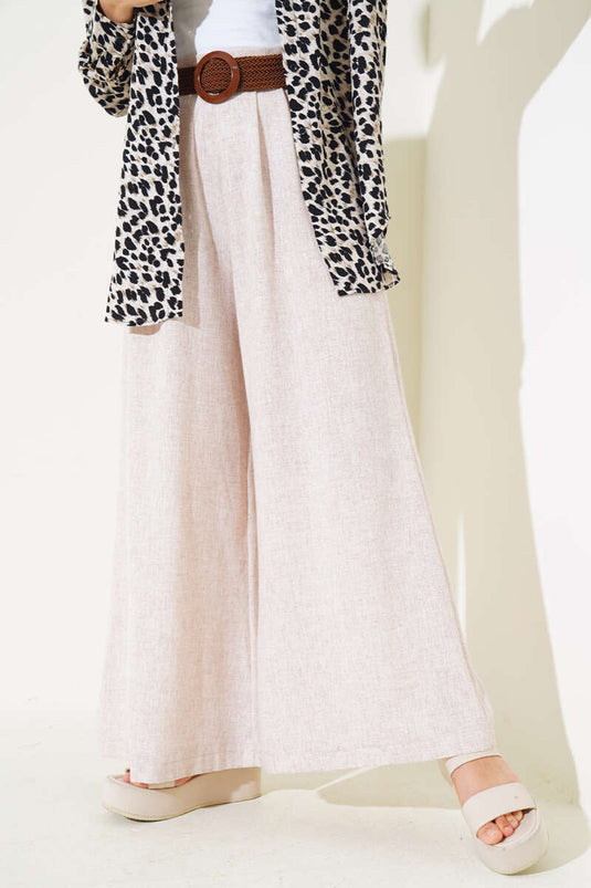 Kemer Detaylı İspanyol Paça Pantolon Kırçılı Bej