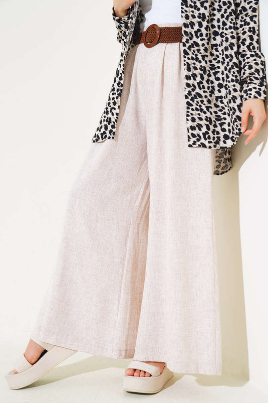 Kemer Detaylı İspanyol Paça Pantolon Kırçılı Bej