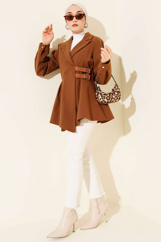 Chaqueta de cachemira con detalle de cinturón, color tostado