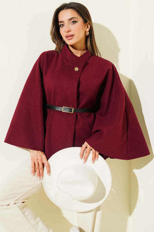 تفاصيل الحزام، بونشو من الكشمير، لون عنابي