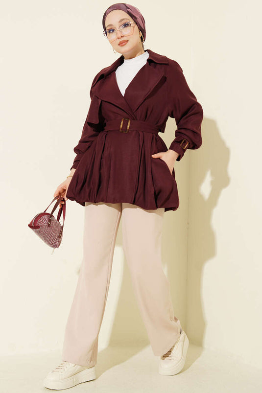 Kemer Detaylı Kısa Trençkot Bordo