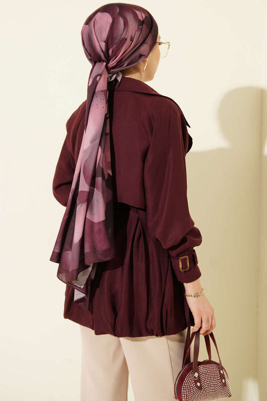 Kemer Detaylı Kısa Trençkot Bordo