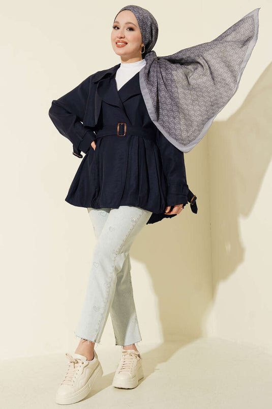 Kemer Detaylı Kısa Trençkot Lacivert