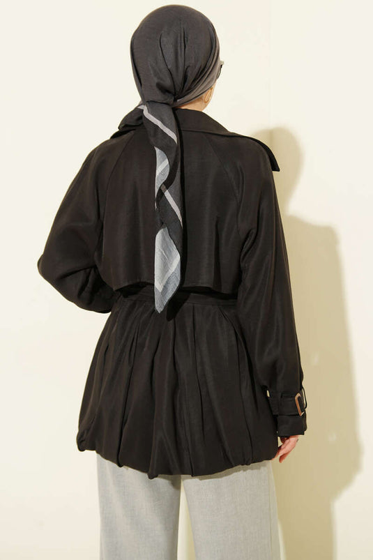 Kemer Detaylı Kısa Trençkot Siyah