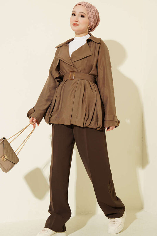 Kemer Detaylı Kısa Trençkot Vizon