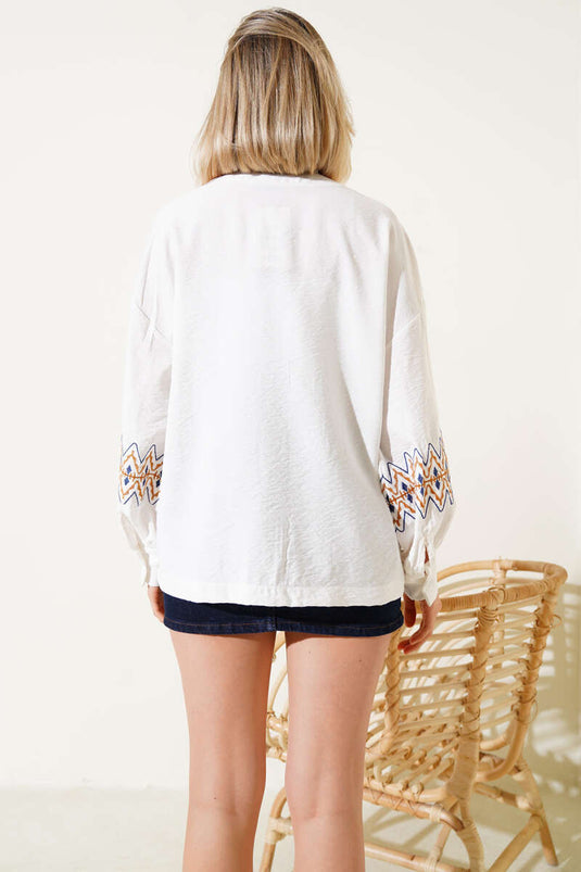 Embroidered Kimono Ecru with Belt Detail