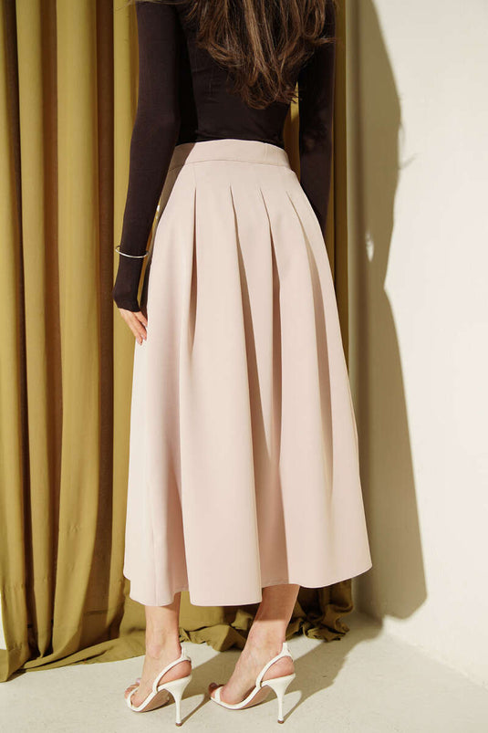 Kemer Detaylı Yırtmaçlı Midi Etek Bej