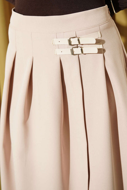 Kemer Detaylı Yırtmaçlı Midi Etek Bej