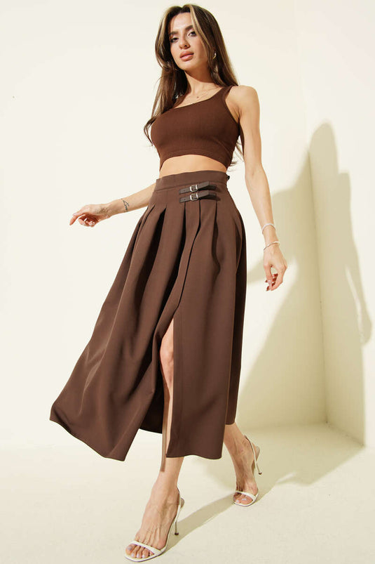 Belt Detailed Slit Midi Skirt Brown