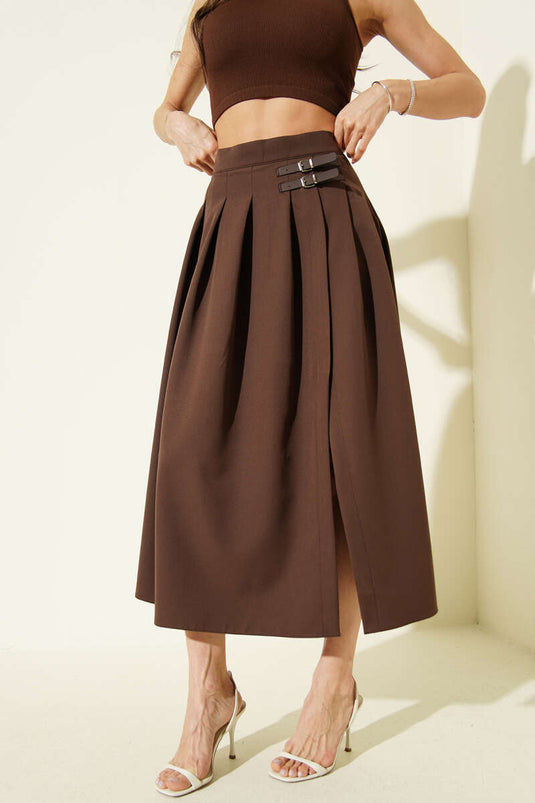 Kemer Detaylı Yırtmaçlı Midi Etek Kahve
