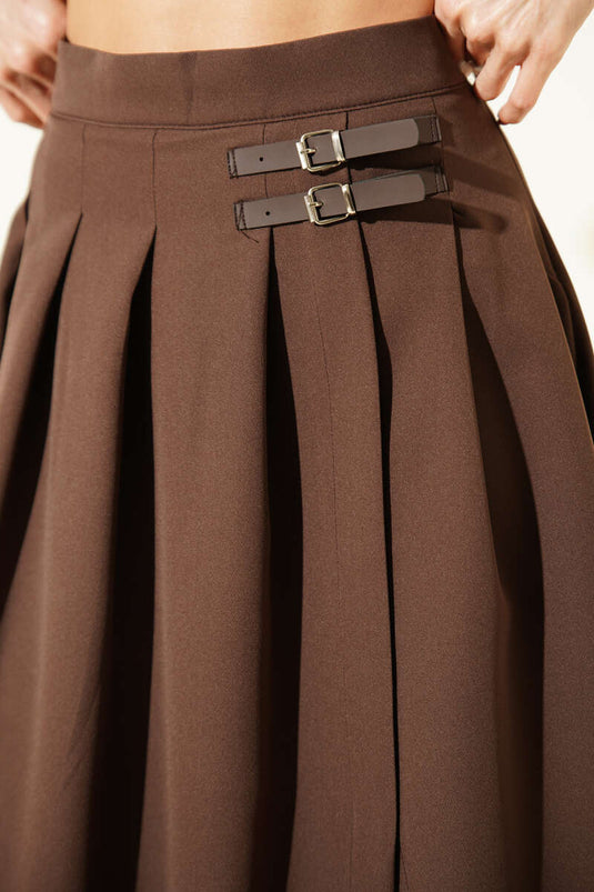 Kemer Detaylı Yırtmaçlı Midi Etek Kahve