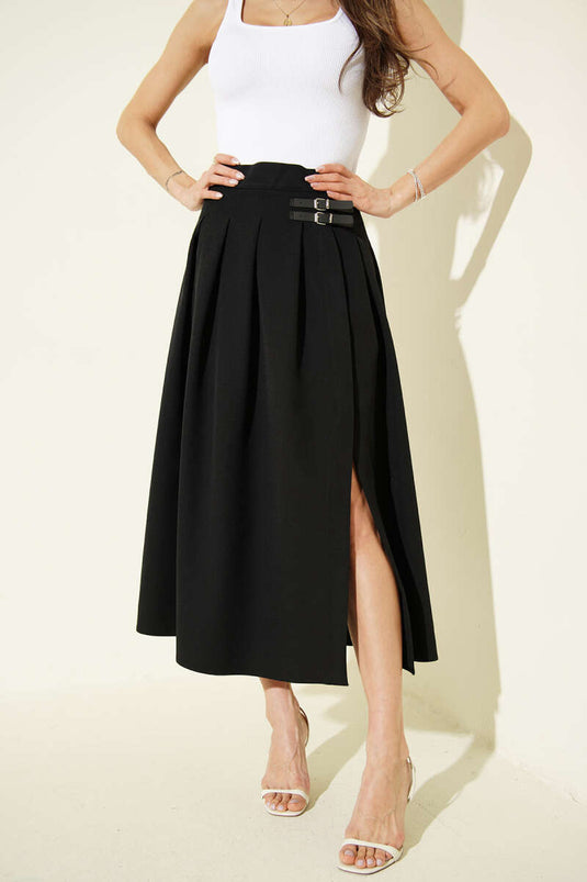 Kemer Detaylı Yırtmaçlı Midi Etek Siyah